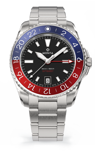 ハイドベスマリックモンク Monta Skyquest, Black Dial, Blue/Red Aluminum Bezel – MONTA Watch